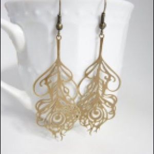 Bronze Filigree Laser Cut Peacock Feather Earrings